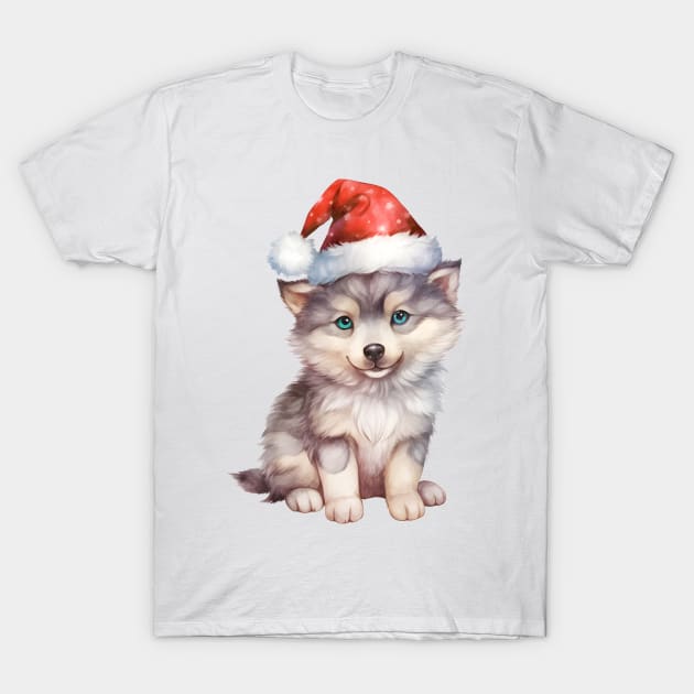 Gray Wolf in Santa Hat T-Shirt by Chromatic Fusion Studio